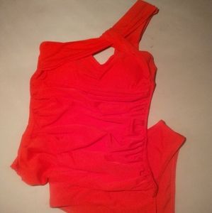 red tankini, tempt me brand, size small, one shoulder with shorts